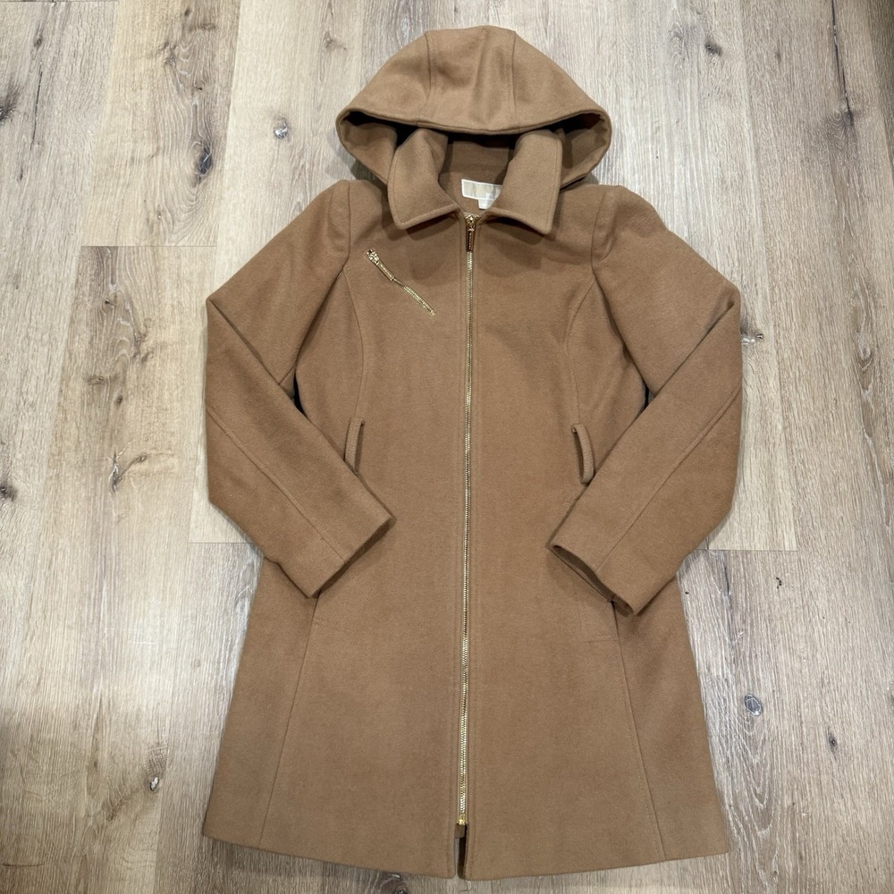 Michael Kors Brown Wool Blend Detachable Hooded Zip Up Coat Women's Size 4 EXC